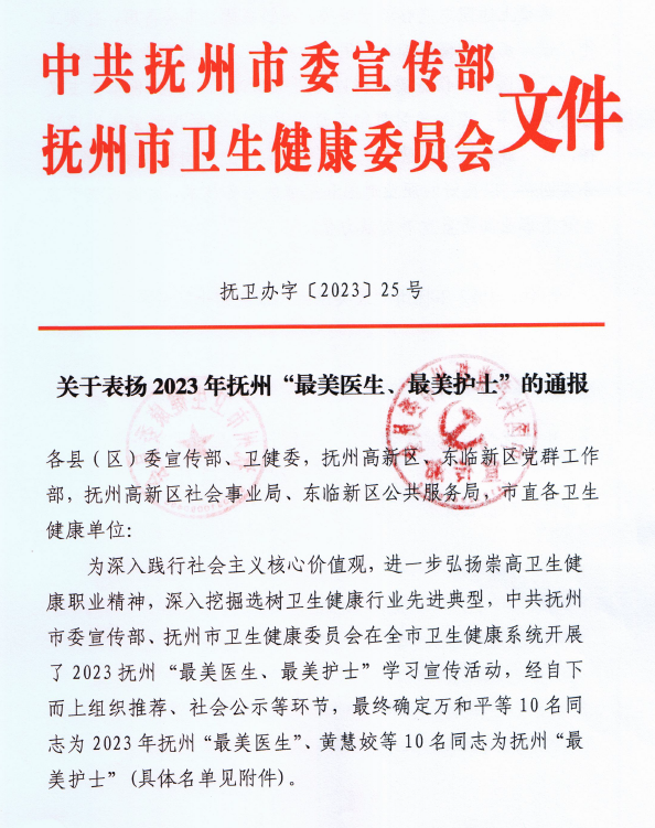 【喜报】我院万和平、黄慧姣分别获得2023抚州“最美医生”“最美护士”称号